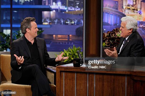 Episode 4435 -- Pictured: Actor Matthew Perry during an interview with host Jay Leno on April 1, 2013 --