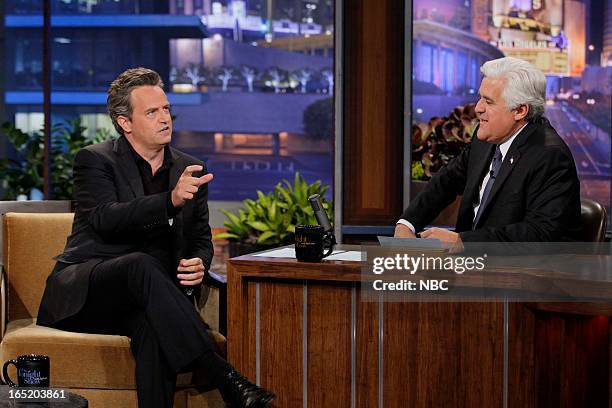 Episode 4435 -- Pictured: Actor Matthew Perry during an interview with host Jay Leno on April 1, 2013 --