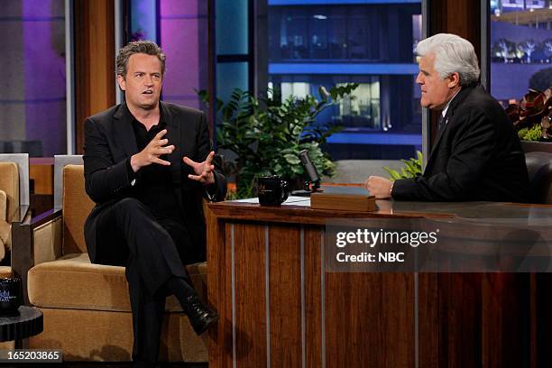 Episode 4435 -- Pictured: Actor Matthew Perry during an interview with host Jay Leno on April 1, 2013 --