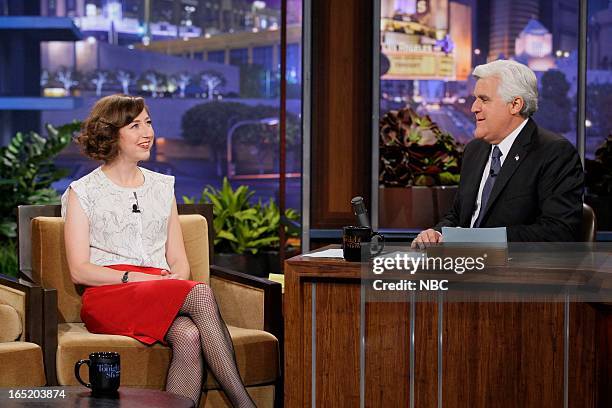 Episode 4435 -- Pictured: Actress Kristen Schaal during an interview with host Jay Leno on April 1, 2013 --