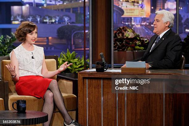 Episode 4435 -- Pictured: Actress Kristen Schaal during an interview with host Jay Leno on April 1, 2013 --