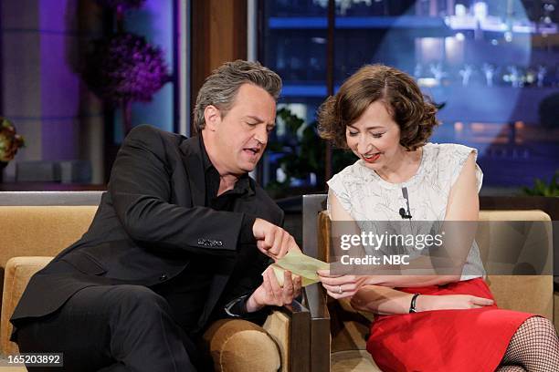 Episode 4435 -- Pictured: Actor Matthew Perry talks with actress Kristen Schaal during a commercial break on April 1, 2013 --