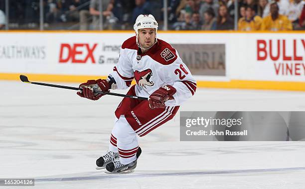 Steve Sullivan of the Phoenix Coyotes skates against the Nashville Predators during an NHL game at the Bridgestone Arena on March 28, 2013 in...