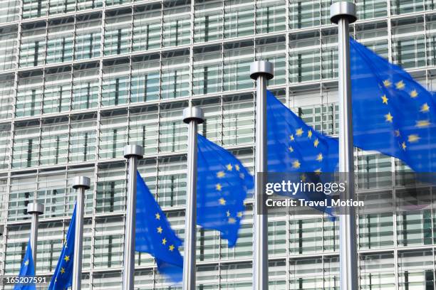 european flags in front of the berlaymont building in brussels - eurogroup stock pictures, royalty-free photos & images