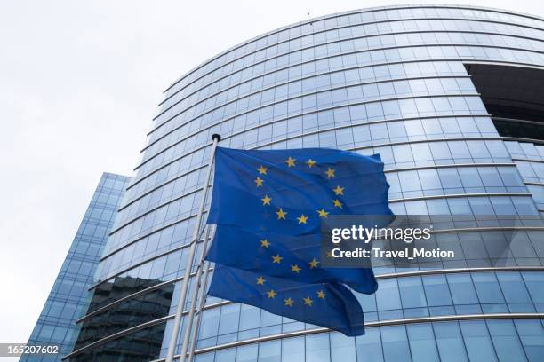 european flags in front of glass office building in brussels - national front stockfoto's en -beelden