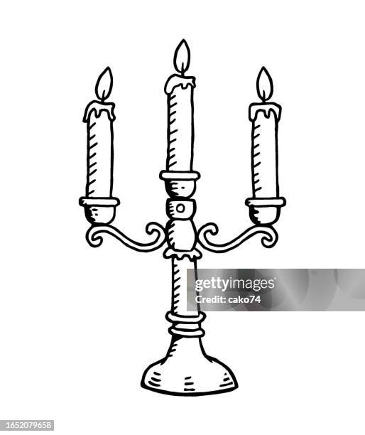 antique candlestick and burning candles sketch illustration - candlestick holder stock illustrations