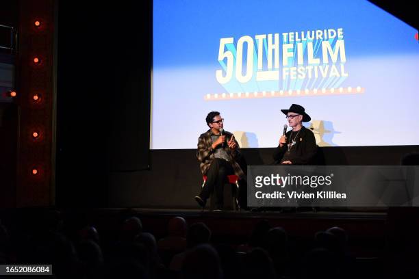 Rajendra Roy and Wim Wenders speak at the 50th Telluride Film Festival on August 31, 2023 in Telluride, Colorado.