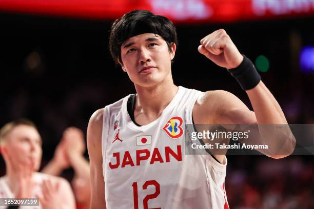 Yuta Watanabe of Japan celebrates the victory after the FIBA Basketball World Cup Classification 17-32 Group O game between Japan and Venezuela at...