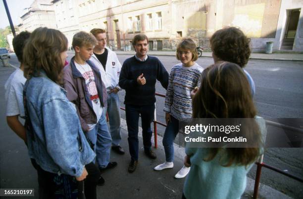 Peace Corps volunteer Michael Schwartz with some of his students, Cheb, Czechoslovakia, ca. 1980s.