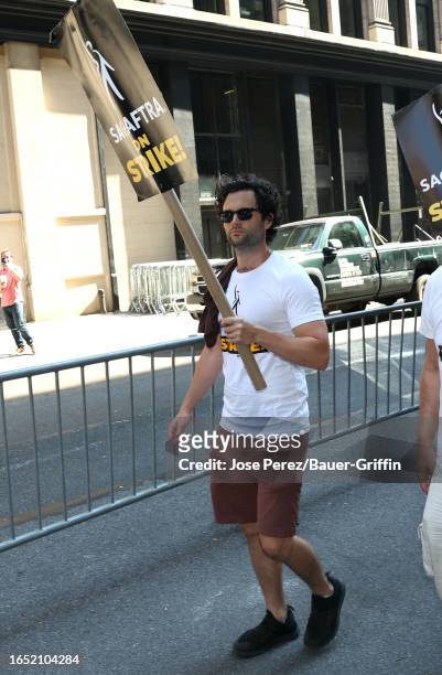 Penn Badgley is seen on the SAG-AFTRA picket line on September 07, 2023 in New York City.