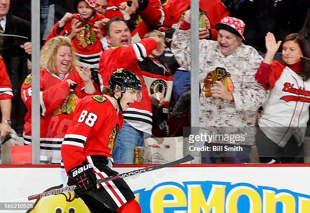 Patrick Kane of the Chicago Blackhawks celebrates after scoring against the Nashville Predators in the second period during the NHL game on April 01,...