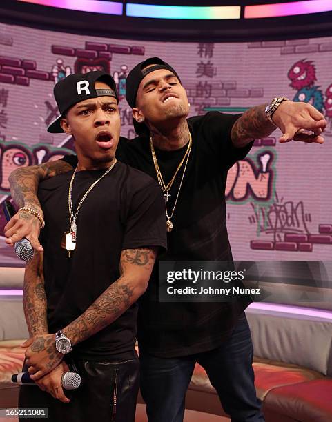 Chris Borwn visits BET's "106 & Park" with host Bow Wow at BET Studios on April 1 in New York City.