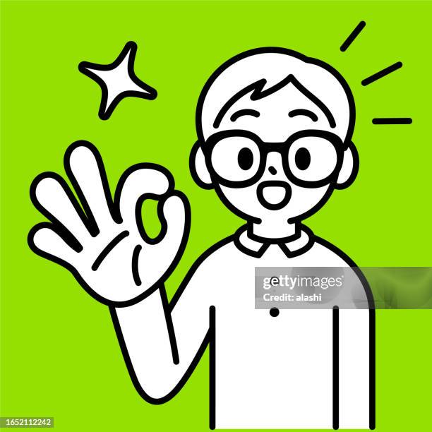 a studious boy with horn-rimmed glasses gesturing an ok hand sign, looking at the viewer, no problem, smooth progress, minimalist style, black and white outline - hand holding piece of cake stock illustrations