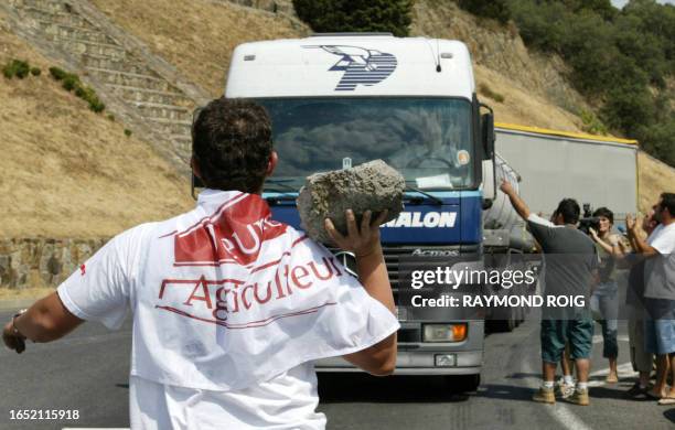 Une vingtaine de Jeunes Agriculteurs du Languedoc-Roussillon arrêtent un camion citerne, le 29 juin 2006 sur l'autoroute A9 au poste frontière du...