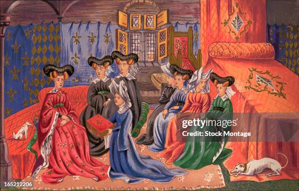 Chromolithograph depicts French poet and author Christine of Pisan presents a book of her writings to Isabella of Bavaria, early to mid 1410s.