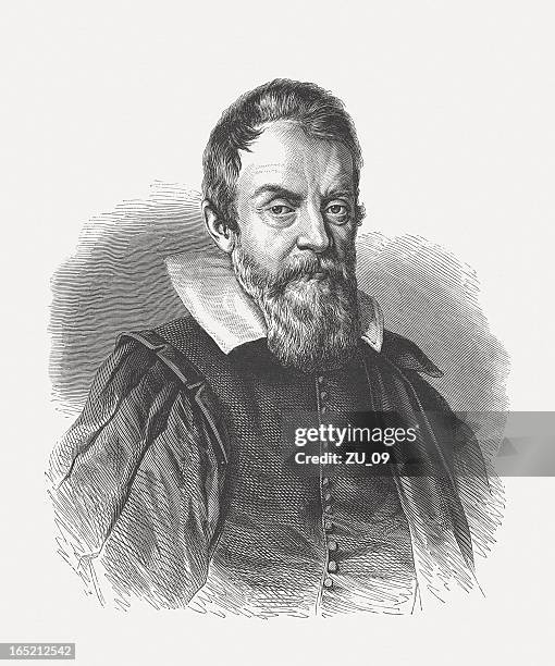stockillustraties, clipart, cartoons en iconen met galileo galilei (1564-1642), wood engraving, published in 1864 - galileo galilei