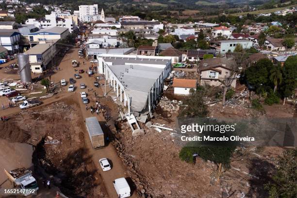 Aerial view of destroyed houses by the flooding in the aftermath of tropical on September 7, 2023 in Roca Sales, Brazil. An extratropical cyclone...