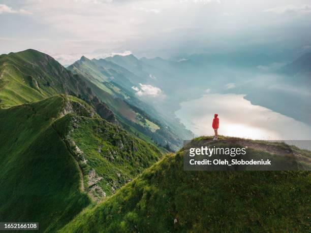 aerial view of woman standing on top of the mountain ridge augstmatthorn - swiss alps summer stock pictures, royalty-free photos & images