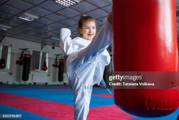 determined young karate student delivers powerful kick to red punching bag - karate girl ストックフォトと画像