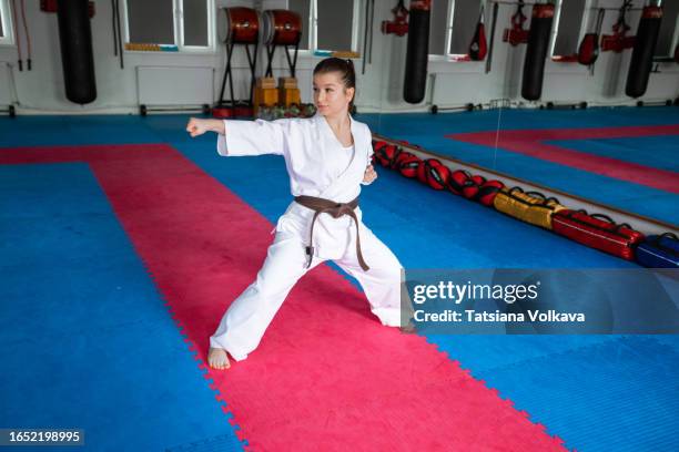 determined female martial arts practitioner flawlessly performing kata techniques - arte marziale foto e immagini stock