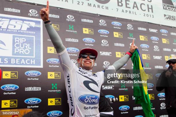 Adriano De Souza of Brasil celebrates his victory during prizegiving at the Rip Curl Pro on April 2, 2013 in Bells Beach, Australia.