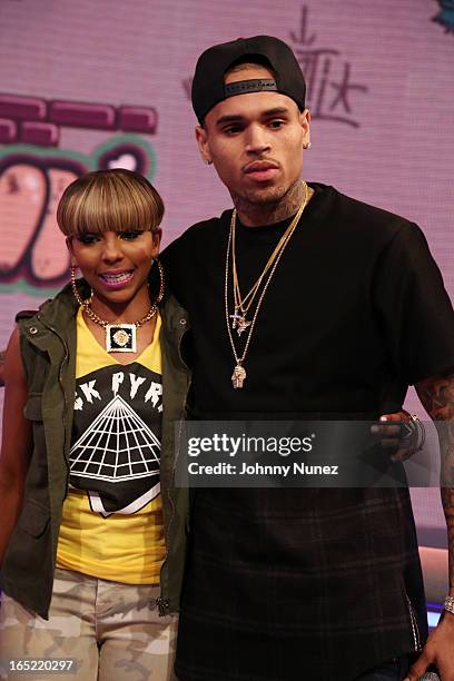 Chris Brown visits BET's "106 & Park" with host Ms. Mykie at BET Studios on April 1 in New York City.