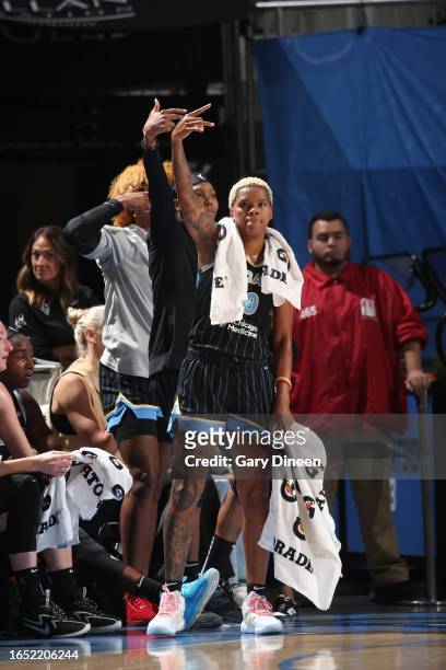Courtney Williams of the Chicago Sky celebrates during the game against the New York Liberty on September 3, 2023 at the Wintrust Arena in Chicago,...