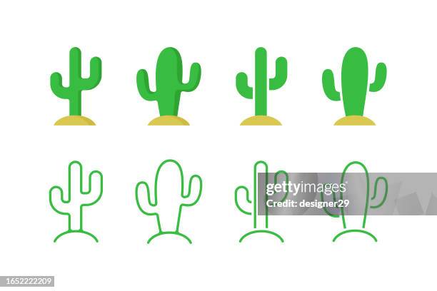 illustrations, cliparts, dessins animés et icônes de conception vectorielle du jeu d’icônes de cactus sur fond blanc. - cactus