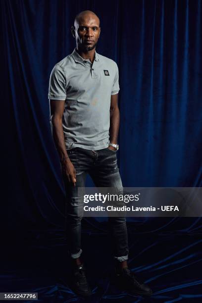 Special guest Éric Abidal poses after the UEFA Champions League 2023/24 Group Stage Draw at Grimaldi Forum on September 01, 2023 in Monaco, Monaco.