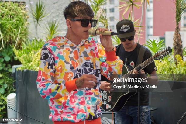 Emanuel Silva of Alto Linaje band performs during a showcase at Warner Music Mexico on August 31, 2023 in Mexico City, Mexico.