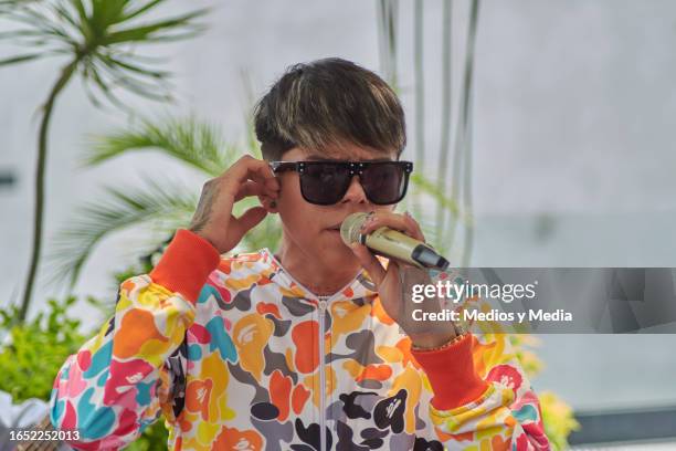 Emanuel Silva of Alto Linaje band performs during a showcase at Warner Music Mexico on August 31, 2023 in Mexico City, Mexico.