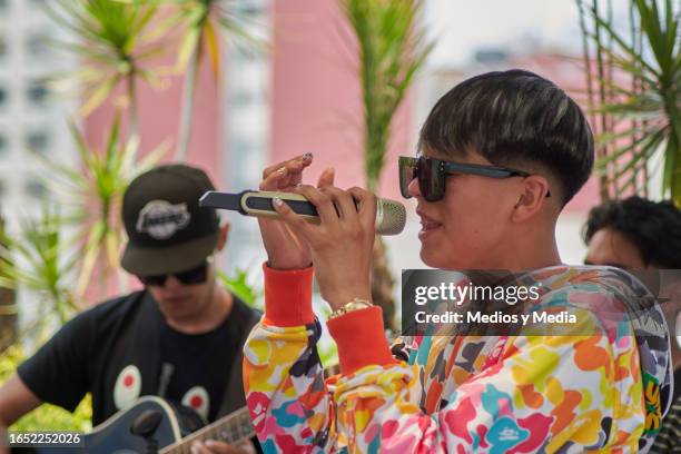 Emanuel Silva of Alto Linaje band performs during a showcase at Warner Music Mexico on August 31, 2023 in Mexico City, Mexico.