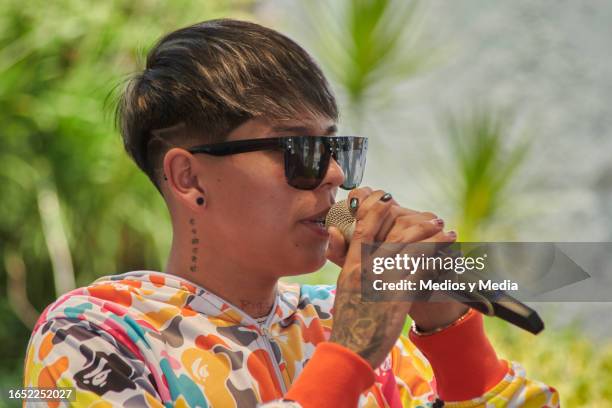 Emanuel Silva of Alto Linaje band performs during a showcase at Warner Music Mexico on August 31, 2023 in Mexico City, Mexico.