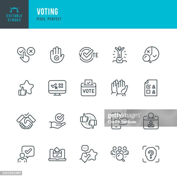 illustrations, cliparts, dessins animés et icônes de vote - ensemble d’icônes linéaires vectorielles. pixel parfait. trait modifiable. l’ensemble comprend un vote, un choix, une élection, une urne, un vote par internet, une main levée, une coche, un pouce levé, un don de bienfaisance, une évaluatio - lever la main