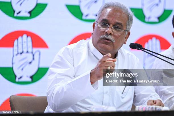 New Delhi, India – August 24: Chhattisgarh Chief Minister Bhupesh Baghel addresses a press conference at Congress headquarters in New Delhi on August...