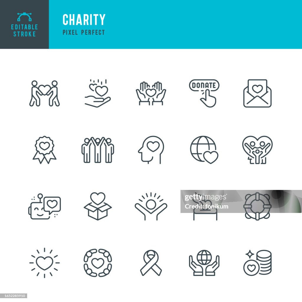 CHARITY - Satz von linearen Vektorsymbolen. Pixel perfekt. Bearbeitbarer Strich. Das Set enthält eine Wohltätigkeitsorganisation, eine Spende für wohltätige Zwecke, eine glückliche Familie, eine Spendenbox, eine Herzform, einen Rettungsring, Freiwilli