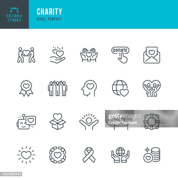 illustrazioni stock, clip art, cartoni animati e icone di tendenza di charity - set di icone lineari vettoriali. pixel perfetto. tratto modificabile. il set include un ente di beneficenza, una donazione di beneficenza, una famiglia felice, una scatola per donazioni, una forma di cuore, una cintura di salvataggio, volontari, - gala di beneficenza
