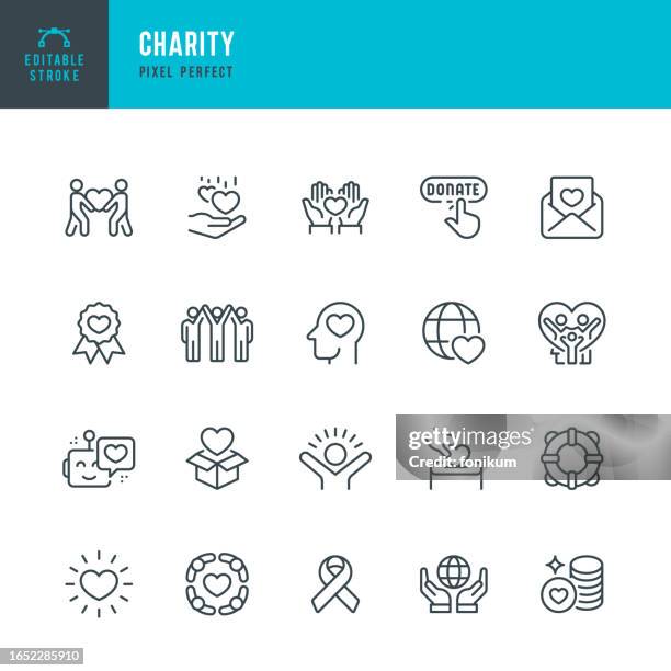 stockillustraties, clipart, cartoons en iconen met charity - set of vector linear icons. pixel perfect. editable stroke. the set includes a charity, charitable donation, happy family, donation box, heart shape, life belt,  volunteers, donation button. - donation