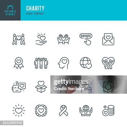 CHARITY - set of vector linear icons. Pixel perfect. Editable stroke. The set includes a Charity, Charitable Donation, Happy Family, Donation Box, Heart Shape, Life Belt, Volunteers, Donation Button. CHARITY - set of vector linear icons. Pixel perfect. Editable stroke. The set includes a Charity, Charitable Donation, Happy Family, Donation Box, Heart Shape, Life Belt, Volunteers, Donation Button.