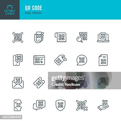 QR-Code - Satz von linearen Vektorsymbolen. Pixel perfekt. Bearbeitbarer Strich. Das Set enthält einen QR-Code, einen Sicherheitscode, eine QR-Code-Identifikation, einen QR-Code-Scanner, einen Gehaltsscheck, ein Zertifikat, ein Preisschild und einen Brief QR-Code - Satz von linearen Vektorsymbolen. Pixel perfekt. Bearbeitbarer Strich. Das Set enthält einen QR-Code, einen Sicherheitscode, eine QR-Code-Identifikation, einen QR-Code-Scanner, einen Gehaltsscheck, ein Zertifikat, ein Preisschild und einen Brief