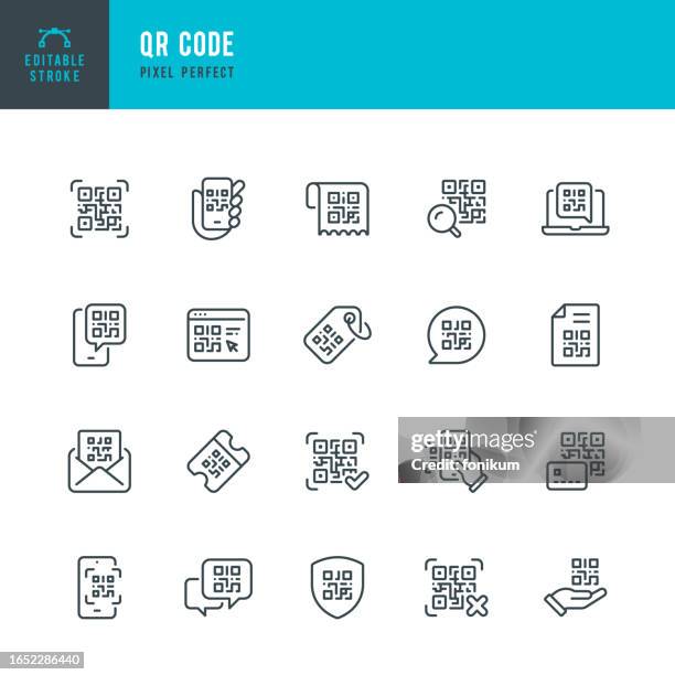 illustrazioni stock, clip art, cartoni animati e icone di tendenza di qr code - set di icone lineari vettoriali. pixel perfetto. tratto modificabile. il set include un codice qr, un codice di sicurezza, un'identificazione del codice qr, uno scanner di codici qr, una busta paga, un certificato, un cartellino del prezzo, una l - qr code