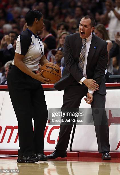 Indiana Pacers head coach Frank Vogel argues a call with referee Violet Palmer in the second half against the Los Angeles Clippers at Staples Center...