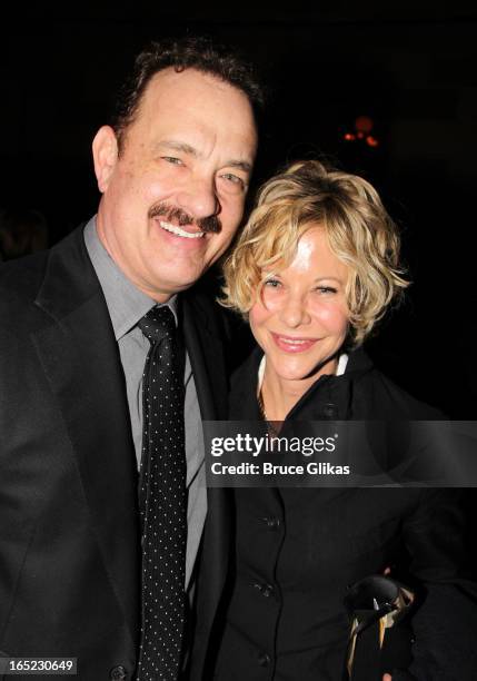 Tom Hanks and Meg Ryan pose at the opening night party for Broadway's "Lucky Guy" at Gotham Hall on April 1, 2013 in New York City.