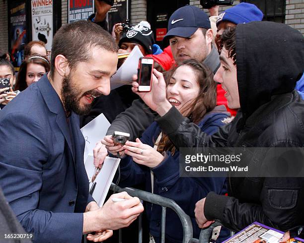 Shia LeBeouf arrives for the "Late Show with David Letterman" at Ed Sullivan Theater on April 1, 2013 in New York City.