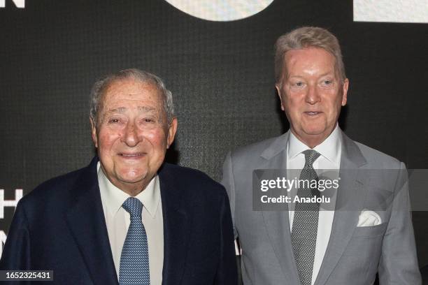 Bob Arum , Chairman of Top Rank and Frank Warren, founder of Queensberry arrive for the Tyson Fury vs Francis Ngannou kick-off press conference at...