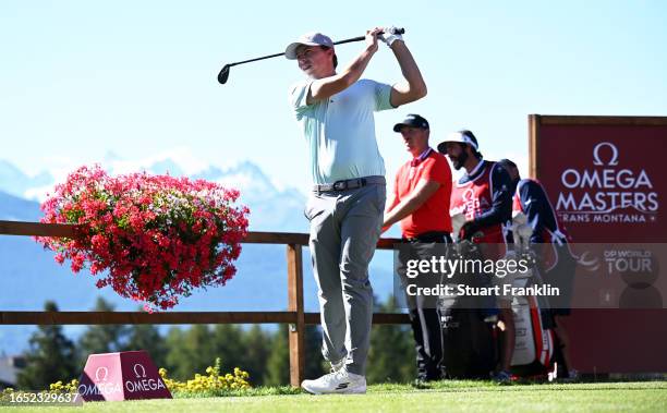 Matthew Fitzpatrick of England tees off on the 18th hole during Day Two of the Omega European Masters at Crans-sur-Sierre Golf Club on September 01,...