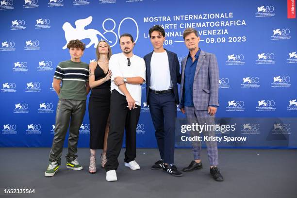 Zackary Delmas, Federica Valentini, Director Alain Parroni, Enrico Bassetti, and Lars Rudolph attend a photocall for the movie "Una Sterminata...