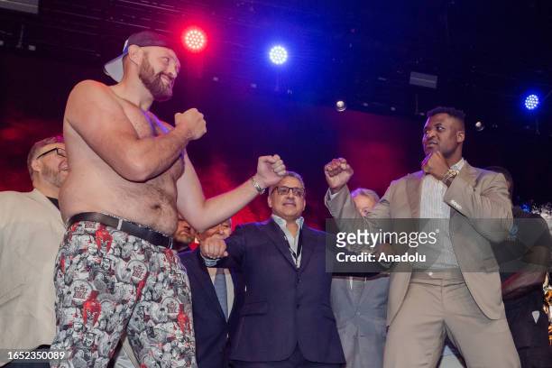 Tyson Fury and Francis Ngannou face off during a kick-off press conference at the Here at Outernet in London, United Kingdom on September 07, 2023....