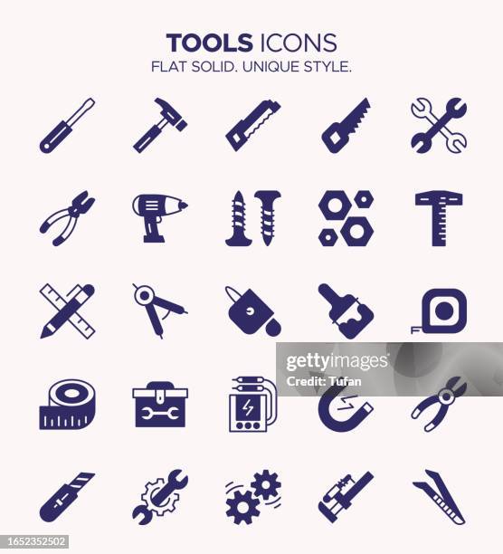 tools icon set solid style - hand tools, construction, toolbox, repair symbols - adjustable wrench stock illustrations