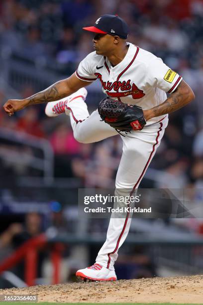 Raisel Iglesias of the Atlanta Braves pitches during the game between the St. Louis Cardinals and the Atlanta Braves at Truist Park on Thursday,...